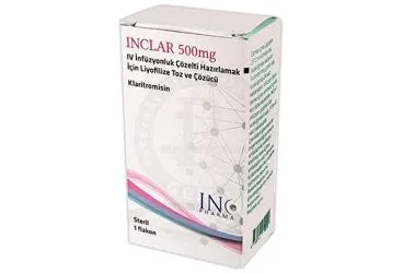 INCLAR 500 MG IV INFUZYON ICIN LIYOFILIZE TOZ VE COZUCU (1 FLAKON) ürün ambalajı. Klaritromisin içeren flakon. Üretici: INCPHARMA İLAÇ SAN. VE TİC. LTD. ŞTİ.
