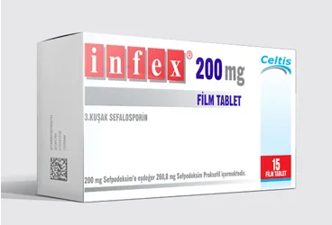Sefpodoksim içeren film kaplı tablet: INFEX 200 MG 15 FİLM TABLET ürün ambalajı. Üretici: CELTİS İLAÇ SANAYİ VE TİCARET ANONİM ŞİRKETİ.