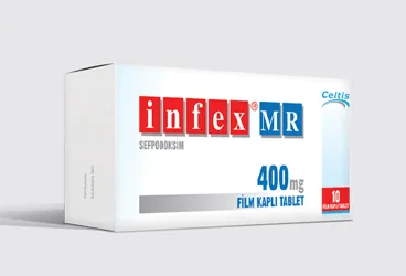 Sefpodoksim proksetil içeren film kaplı tablet: INFEX MR 400MG FILM KAPLI TABLET, 20 ADET kutusu. Üretici: CELTİS İLAÇ SAN. VE TİC. A.Ş.