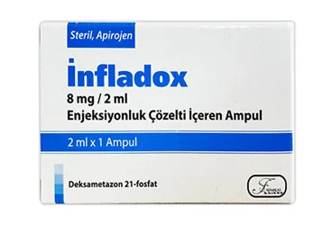 INFLADOX 8 MG/ 2ML ENJEKSIYONLUK COZELTI ICEREN 1 AMPUL ürün ambalajı. Deksametazon içeren çözelti. Üretici: FARMALAS İLAÇ SAN. VE TİC. LTD. ŞTİ.