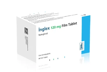 INGLEX 120 MG 84 FILM TABLET kutusu. Nateglinid içeren film kaplı tablet. Üretici: DEVA HOLDİNG ANONİM ŞİRKETİ.