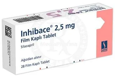 INHIBACE 2,5 MG FILM KAPLI TABLET kutusu, film kaplı tablet formunda silazapril içerir. Üretici: SABA İLAÇ SANAYİİ VE TİCARET ANONİM ŞİRKETİ.