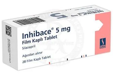 INHIBACE 5 MG 28 TABLET ürün ambalajı, tablet formunda silazapril içerir. Üretici: SABA İLAÇ SANAYİİ VE TİCARET ANONİM ŞİRKETİ.