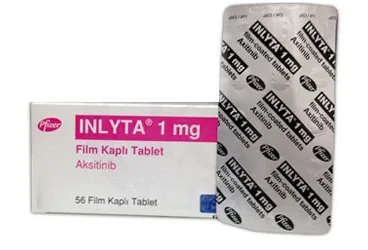 Aksitinib içeren film kaplı tablet: INLYTA 1 MG 56 FILM KAPLI TABLET ürün ambalajı. Üretici: PFİZER PFE İLAÇLARI ANONİM ŞİRKETİ.