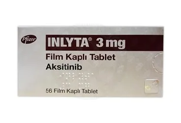 INLYTA 3 MG 56 FILM KAPLI TABLET kutu fotoğrafı, film kaplı tablet formunda aksitinib içerir. Üretici: PFİZER PFE İLAÇLARI ANONİM ŞİRKETİ.