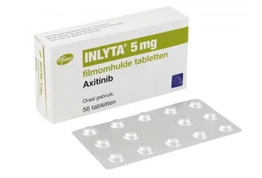 INLYTA 5 MG 56 FILM KAPLI TABLET kutusu, film kaplı tablet formunda aksitinib içerir. Üretici: PFİZER PFE İLAÇLARI ANONİM ŞİRKETİ.