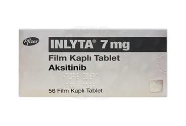Aksitinib içeren film kaplı tablet: INLYTA 7 MG 56 FILM KAPLI TABLET ambalajı. Üretici: PFİZER PFE İLAÇLARI ANONİM ŞİRKETİ.