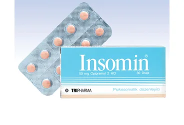 INSOMIN 50 MG KAPLI TABLET kutu fotoğrafı. Opipramol içeren tablet. Üretici: TRIPHARMA İLAÇ SANAYİ VE TİCARET A.Ş.