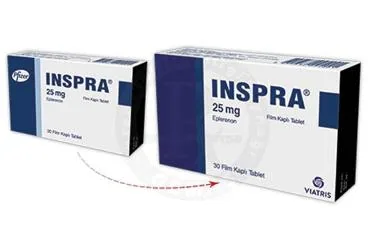 INSPRA 25 MG 30 FILM KAPLI TABLET ürün ambalajı, film kaplı tablet formunda eplerenon içerir. Üretici: VİATRİS İLAÇLARI LİMİTED ŞİRKETİ.