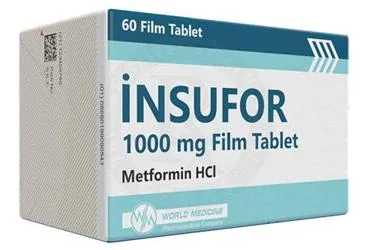 INSUFOR 1000 MG FILM TABLET (60 TABLET) (metformin) kutusu, film kaplı tablet. Üretici: WORLD MEDICINE İLAÇ SAN. VE TİC. A.Ş.