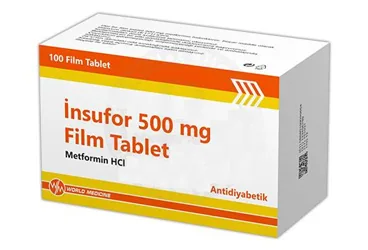 Metformin içeren film kaplı tablet: INSUFOR 500 MG 100 FILM TABLET kutusu. Üretici: WORLD MEDICINE İLAÇ SAN. VE TİC. A.Ş.