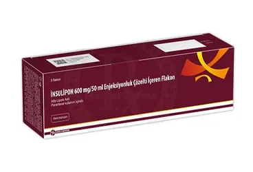 INSULIPON 600 MG/ 50 ML ENJ. COZ. ICEREN 5 FLAKON kutu fotoğrafı, flakon formunda tioctic acid içerir. Üretici: WORLD MEDICINE İLAÇ SAN. VE TİC. A.Ş.