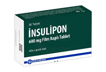 INSULIPON 600 MG FILM KAPLI TABLET (30 TABLET) kutusu. Tioctic acid içeren film kaplı tablet. Üretici: WORLD MEDICINE İLAÇ SAN. VE TİC. A.Ş.