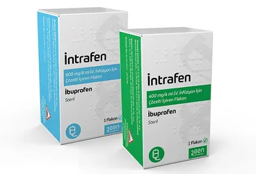 INTRAFEN 400 MG/4 ML IV INFÜZYON IÇIN ÇÖZELTI IÇEREN FLAKON, 10 ADET ürün ambalajı. Ibuprofen içeren çözelti. Üretici: GEN İLAÇ VE SAĞLIK ÜRÜNLERİ SAN. VE TİC. A.Ş.