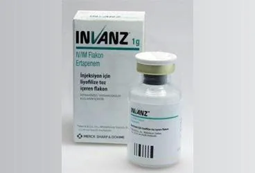 INVANZ IV/IM 1 GR 1 FLAKON kutusu, flakon formunda ertapenem içerir. Üretici: MERCK SHARP DOHME İLAÇLARI LTD. ŞTİ.