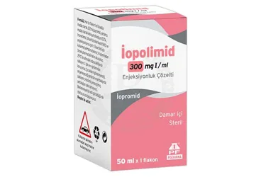 IOPOLIMID 300 MG/ML ENJEKSIYONLUK COZELTI (100 ML) ürün ambalajı. Iopromide içeren çözelti. Üretici: POLİFARMA İLAÇ SAN. VE TİC. A.Ş.