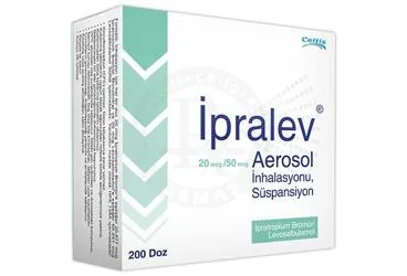 IPRALEV 20 MCG/50 MCG AEROSOL INHALASYONU, SUSPANSIYON (200 DOZ) ürün ambalajı. Ipratropyum bromid + levalbuterol içeren inhalasyon aerosolü. Üretici: CELTİS İLAÇ SANAYİ VE TİCARET ANONİM ŞİRKETİ.