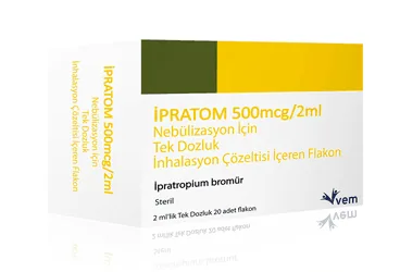 IPRATOM 500 MCG/2 ML NEBULIZASYON ICIN TEK DOZLUK INHALASYON COZ. ICEREN 20 FLAKON ambalajı. Ipratropium bromür monohidrat içeren inhalasyon aerosolü. Üretici: VEM İLAÇ SAN. VE TİC. ANONİM ŞİRKETİ.