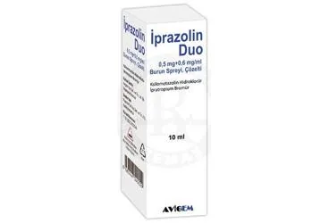 Ipratropium bromür + ksilometazolin içeren nazal sprey: IPRAZOLIN DUO 0,5 MG + 0,6 MG/ML BURUN SPREYI, COZELTI kutu fotoğrafı. Üretici: AVİGEM İLAÇ SANAYİ VE TİCARET LİMİTED ŞİRKETİ.