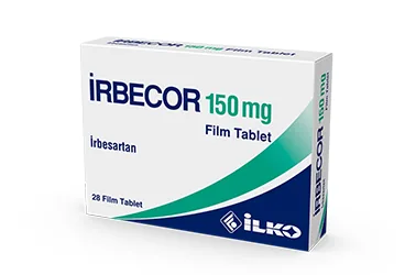 IRBECOR 150 MG 28 FILM KAPLI TABLET (irbesartan) ürün ambalajı, film kaplı tablet. Üretici: İLKO İLAÇ SAN. VE TİC. A.Ş.