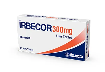 IRBECOR 300 MG 28 FILM KAPLI TABLET kutusu, film kaplı tablet formunda irbesartan içerir. Üretici: İLKO İLAÇ SAN. VE TİC. A.Ş.