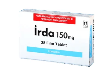 Irbesartan içeren film kaplı tablet: IRDA 150 MG 28 FİLM TABLET ambalajı. Üretici: NOBEL İLAÇ SAN. VE TİC. A.Ş.