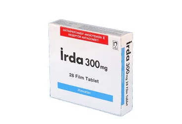 Irbesartan içeren film kaplı tablet: IRDA 300 MG 28 FİLM TABLET kutusu. Üretici: NOBEL İLAÇ SAN. VE TİC. A.Ş.