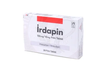 Irbesartan + amlodipin içeren film kaplı tablet: IRDAPIN 150 MG/10 MG 28 FİLM TABLET ürün ambalajı. Üretici: NOBEL İLAÇ PAZARLAMA VE SANAYİİ LTD. ŞTİ.