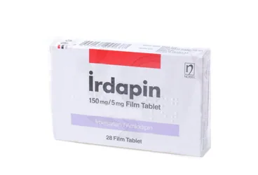 IRDAPIN 150 MG/5 MG 28 FİLM TABLET kutusu. Irbesartan + amlodipin içeren film kaplı tablet. Üretici: NOBEL İLAÇ PAZARLAMA VE SANAYİİ LTD. ŞTİ.