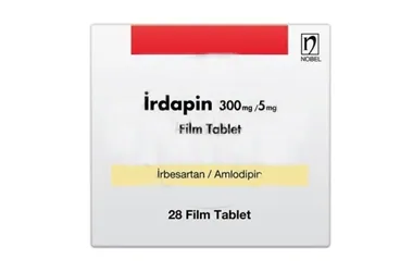 Irbesartan + amlodipin içeren film kaplı tablet: IRDAPIN 300 MG/5 MG 28 FİLM TABLET ürün ambalajı. Üretici: NOBEL İLAÇ PAZARLAMA VE SANAYİİ LTD. ŞTİ.