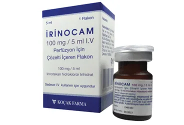 Irinotekan hidroklorür içeren çözelti: IRINOCAM 100 MG/5 ML IV PERFUZYON ICIN COZELTI ICEREN FLAKON ambalajı. Üretici: KOÇAK FARMA İLAÇ VE KİMYA SANAYİ A.Ş.