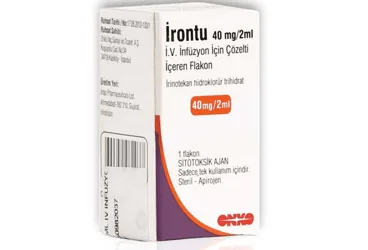 Irinotekan hidroklorür içeren flakon: IRONTU 40 MG/2 ML IV INFUZYON ICIN KON. COZ. ICEREN FLAKON ambalajı. Üretici: ONKO İLAÇ SANAYİ VE TİCARET ANONİM ŞİRKETİ.