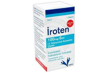 Irinotekan hidroklorür içeren çözelti: IROTEN 100 MG/5ML I.V. INFUZYONLUK KONSANTRE COZELTI ürün ambalajı. Üretici: VEM İLAÇ SAN. VE TİC. ANONİM ŞİRKETİ.