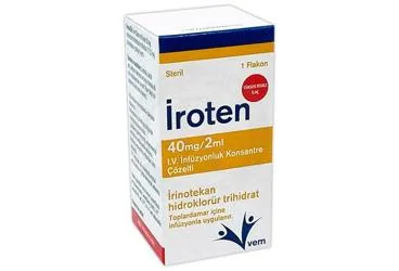 Irinotekan hidroklorür içeren çözelti: IROTEN 40 MG/2ML I.V. INFUZYONLUK KONSANTRE COZELTI kutusu. Üretici: VEM İLAÇ SAN. VE TİC. ANONİM ŞİRKETİ.