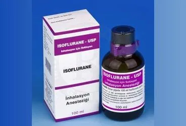 Isoflurane içeren inhalasyon aerosolü: ISOFLURANE USP % 100 INHALASYON COZELTISI ambalajı. Üretici: ADEKA İLAÇ SANAYİ VE TİCARET A.Ş.