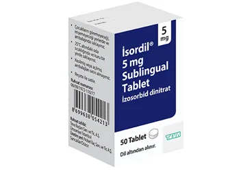 ISORDIL 5 MG SUBLINGUAL 50 TABLET kutu fotoğrafı, tablet formunda isosorbit dinitrat içerir. Üretici: TEVA İLAÇLARI SANAYİ VE TİCARET A.Ş.