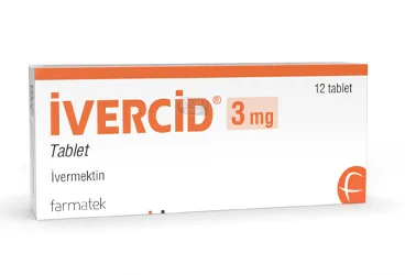 Ivermektin içeren tablet: IVERCID 3 MG TABLET (12 TABLET) ambalajı. Üretici: FARMA-TEK İLAÇ SANAYİ VE TİCARET A.Ş.
