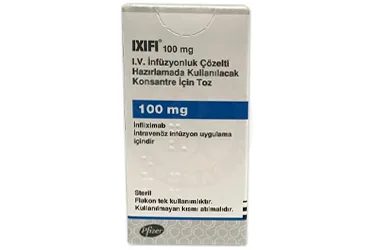 Infliksimab içeren çözelti: IXIFI 100 MG I.V. INFUZYONLUK COZELTI HAZIRLAMADA KULLANILACAK KONSANTRE ICIN TOZ kutusu. Üretici: PFİZER PFE İLAÇLARI ANONİM ŞİRKETİ.