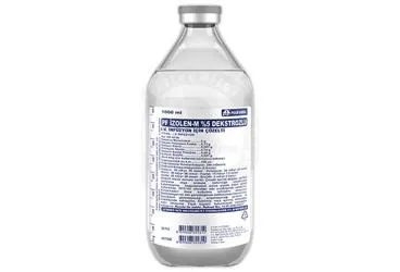 IZOLEN-M %5 DEKSTROZ SOLUSYON 1000 CC SETLI (CAM SISE) kutu fotoğrafı, solüsyon formunda serum içerir. Üretici: POLİFARMA İLAÇ SAN. VE TİC. A.Ş.