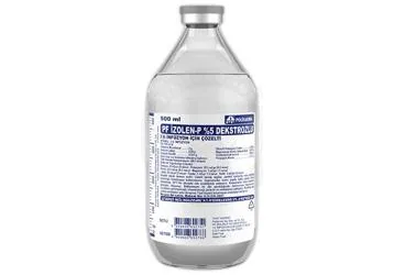 IZOLEN-P %5 DEKSTROZ ELEKTROLIT SOLUSYONU 500 CC SETLI (CAM SISE) kutu fotoğrafı, solüsyon formunda serum içerir. Üretici: POLİFARMA İLAÇ SAN. VE TİC. A.Ş.