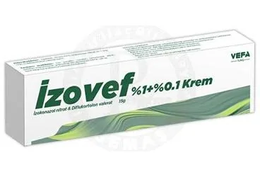IZOVEF % 1 + % 0,1 KREM kutu fotoğrafı, krem formunda izokonazol nitrat + diflukortolon valerat içerir. Üretici: VEFA İLAÇ SANAYİ VE TİCARET ANONİM ŞİRKETİ.