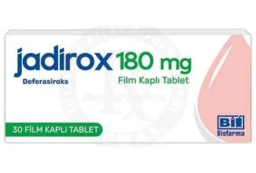JADIROX 180 MG FILM KAPLI TABLET (30 TABLET) kutusu. Deferasiroks içeren film kaplı tablet. Üretici: BİOFARMA İLAÇ SANAYİ VE TİCARET A.Ş.