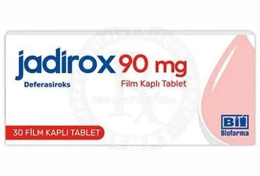 Deferasiroks içeren film kaplı tablet: JADIROX 90 MG FILM KAPLI TABLET (30 TABLET) kutu fotoğrafı. Üretici: BİOFARMA İLAÇ SANAYİ VE TİCARET A.Ş.