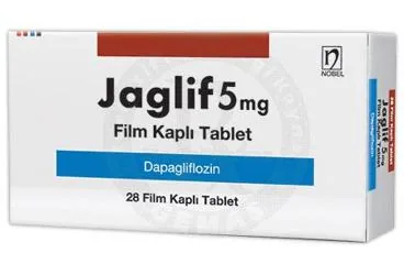 JAGLIF 5 MG FILM KAPLI TABLET (28 TABLET) ambalajı. Dapagliflozin içeren film kaplı tablet. Üretici: NOBEL İLAÇ SAN. VE TİC. A.Ş.