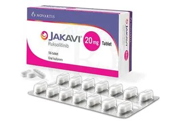 JAKAVI 20 MG 56 TABLET kutusu. Ruksolitinib içeren tablet. Üretici: NOVARTİS SAĞLIK GIDA VE TARIM ÜRÜNLERİ SANAYİ VE TİCARET ANONİM ŞİRKETİ.