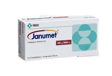 JANUMET 50/500 MG 56 FILM KAPLI TABLET (metformin + sitagliptin) ürün ambalajı, film kaplı tablet. Üretici: MERCK SHARP DOHME İLAÇLARI LTD. ŞTİ.