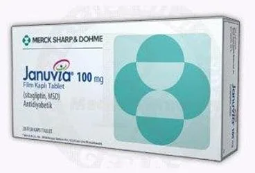 JANUVIA 100 MG 28 FİLM TABLET ambalajı. Sitagliptin fosfat monohidrat içeren film kaplı tablet. Üretici: MERCK SHARP DOHME İLAÇLARI LTD. ŞTİ.