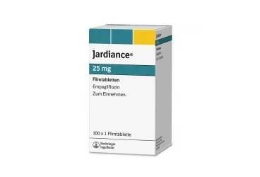 JARDIANCE 25 MG FILM KAPLI TABLET kutusu, film kaplı tablet formunda empagliflozin içerir. Üretici: BOEHRİNGER INGELHEİM İLAÇ TİCARET A.Ş.