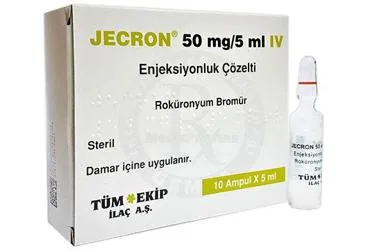 JECRON 50 MG/5 ML IV ENJEKSIYONLUK COZELTI (10 AMPUL) ürün ambalajı, çözelti formunda rokuronyum bromid içerir. Üretici: TÜM - EKİP İLAÇ A.Ş.