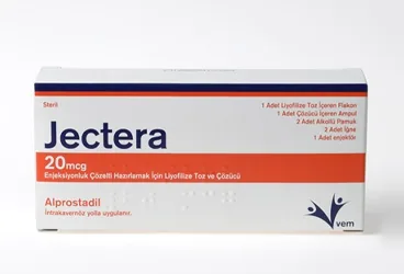 JECTERA 20 MCG ENJEKSIYONLUK COZELTI HAZIRLAMAK ICIN LIYOFILIZE TOZ VE COZUCU (1 FLAKON + 1 AMPUL) kutu fotoğrafı. Alprostadil içeren çözelti. Üretici: VEM İLAÇ SAN. VE TİC. ANONİM ŞİRKETİ.